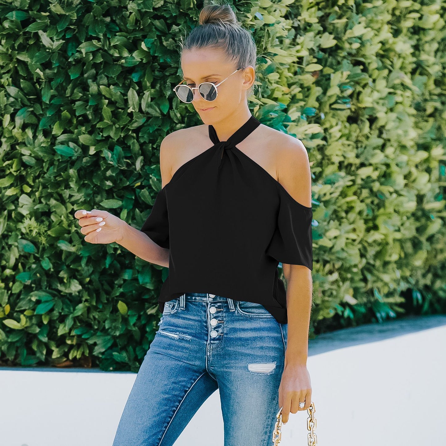 Half Sleeve Solid Color Off-Shoulder Top
