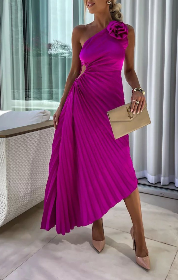 Pleated One-Shoulder Dress with Rose Flower Asymmetrical