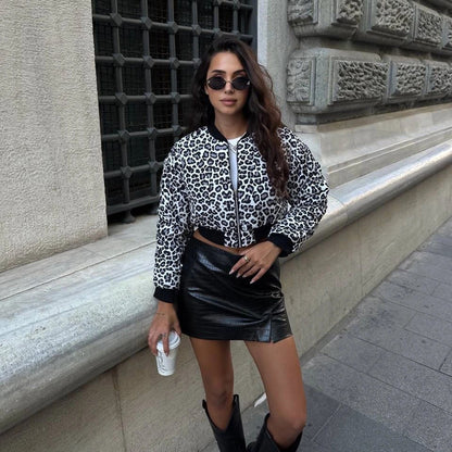 Color Effect Collar Short Zipper Jacket Coat Leopard