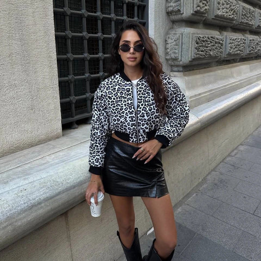 Color Effect Collar Short Zipper Jacket Coat Leopard