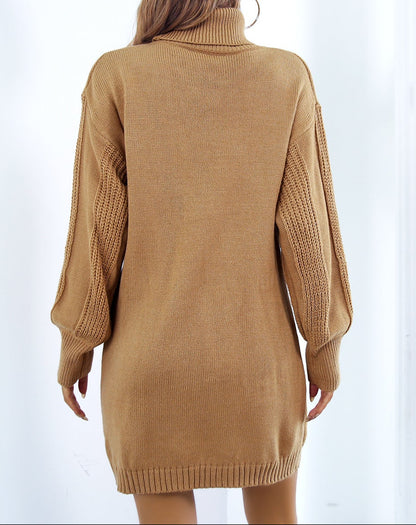 Turtleneck Sweater Dress Twist Knit Lantern Sleeve