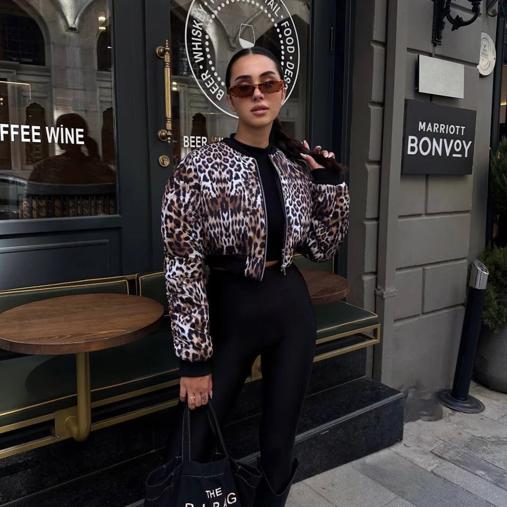 Color Effect Collar Short Zipper Jacket Coat Leopard