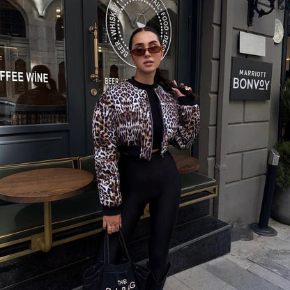 Color Effect Collar Short Zipper Jacket Coat Leopard