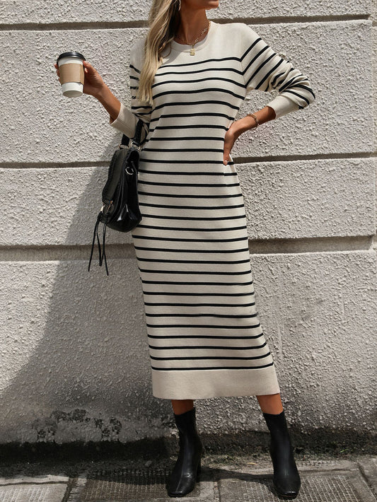 Slim Striped Printed Long Dress Autumn & Winter Long Sleeve
