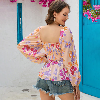 Long Sleeve Chiffon Shirt – Square Neck, Floral Print, Lantern Sleeves, Loose Fit Top
