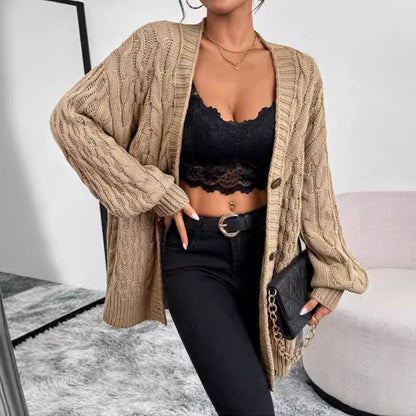Single-Breasted V-Neck Sweater Coat Long Sleeve Knit Cardigan