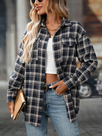 Loose Plaid Shirt Pocket Button