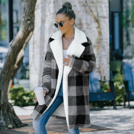 Solid Color Plaid Woolen Coat Elegant Winter