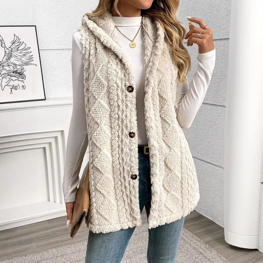 Double-Sided Plush Hooded Cardigan Button Front Casual