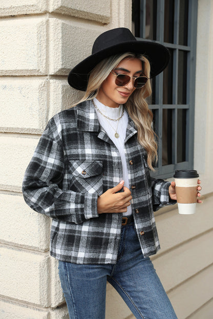 Lapel Plaid Button Loose Long-sleeved Woolen Coat