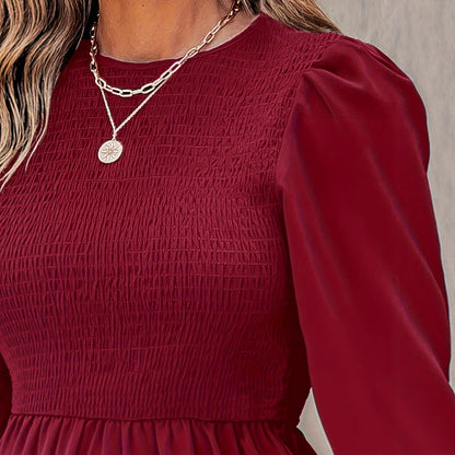 Ruffled Long Sleeve Dress Round Neck Lantern Sleeve Elegant Midi Dress