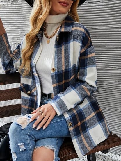 Retro Plaid Shirt Long Sleeve Loose Fit with Lapel Collar
