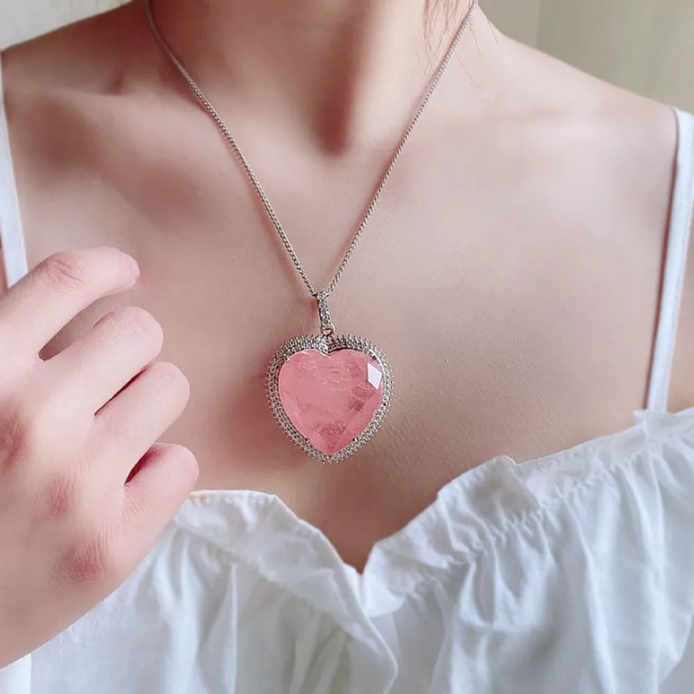Heart Pink Crystal Tourmaline Created Moissanite Gemstone Pendant Necklace