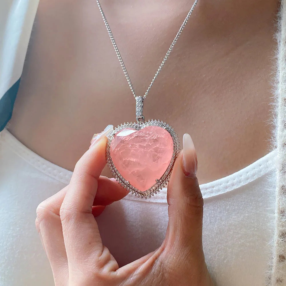 Heart Pink Crystal Tourmaline Created Moissanite Gemstone Pendant Necklace