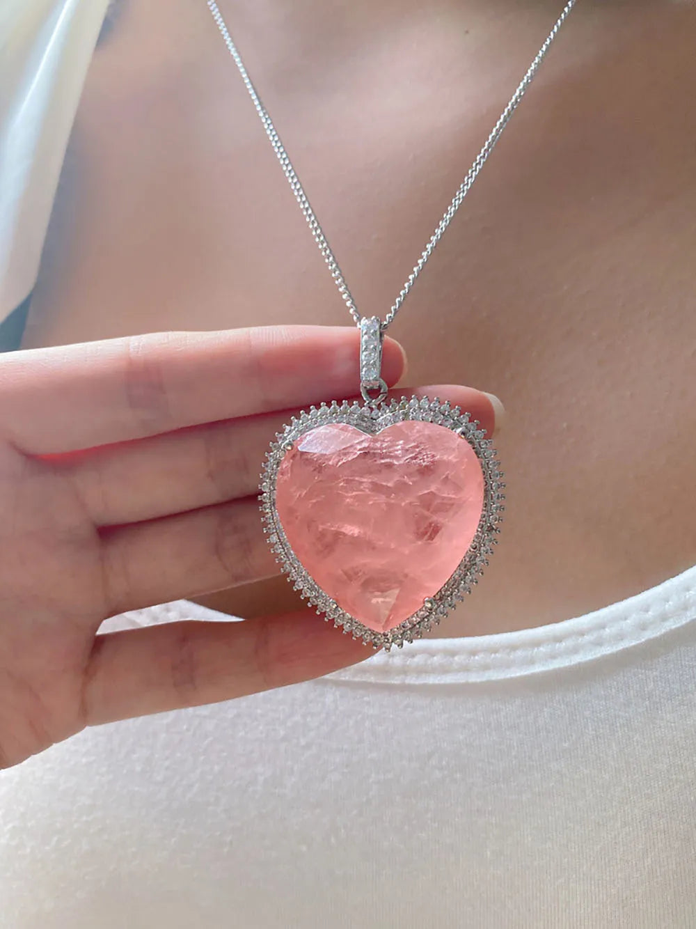 Heart Pink Crystal Tourmaline Created Moissanite Gemstone Pendant Necklace
