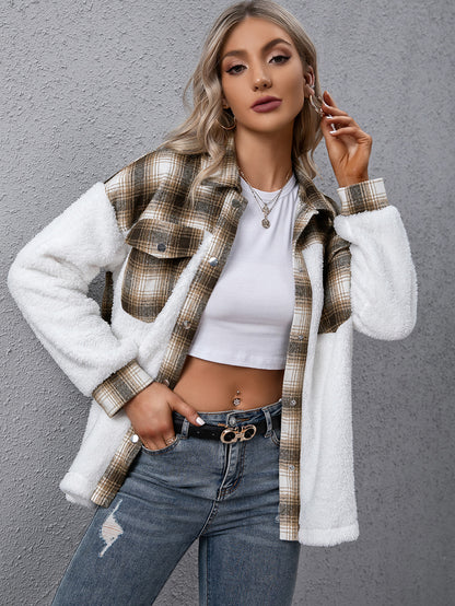 Plush Plaid Shirt Jacket Cozy Button-Up