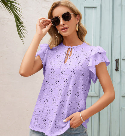 Chain Link Cutout Tie Round Neck Top