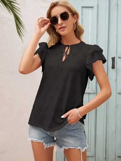Chain Link Cutout Tie Round Neck Top