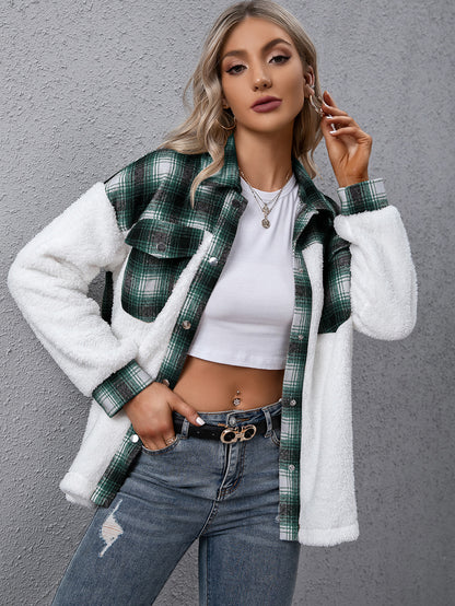 Plush Plaid Shirt Jacket Cozy Button-Up