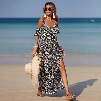 European And American Spring And Summer Leisure Floral Vacation Style Sling Dress