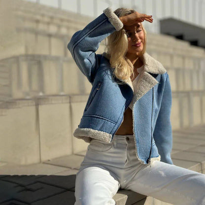 Fleece-lined Denim Coat Short Jacket With Fur
