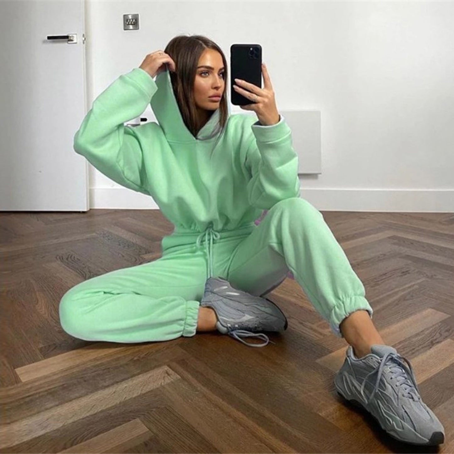 Hooded Pullover Knit Sweatshirt Casual Solid Color Polyester Cotton Hoodie – Autumn Winter Regular Fit”