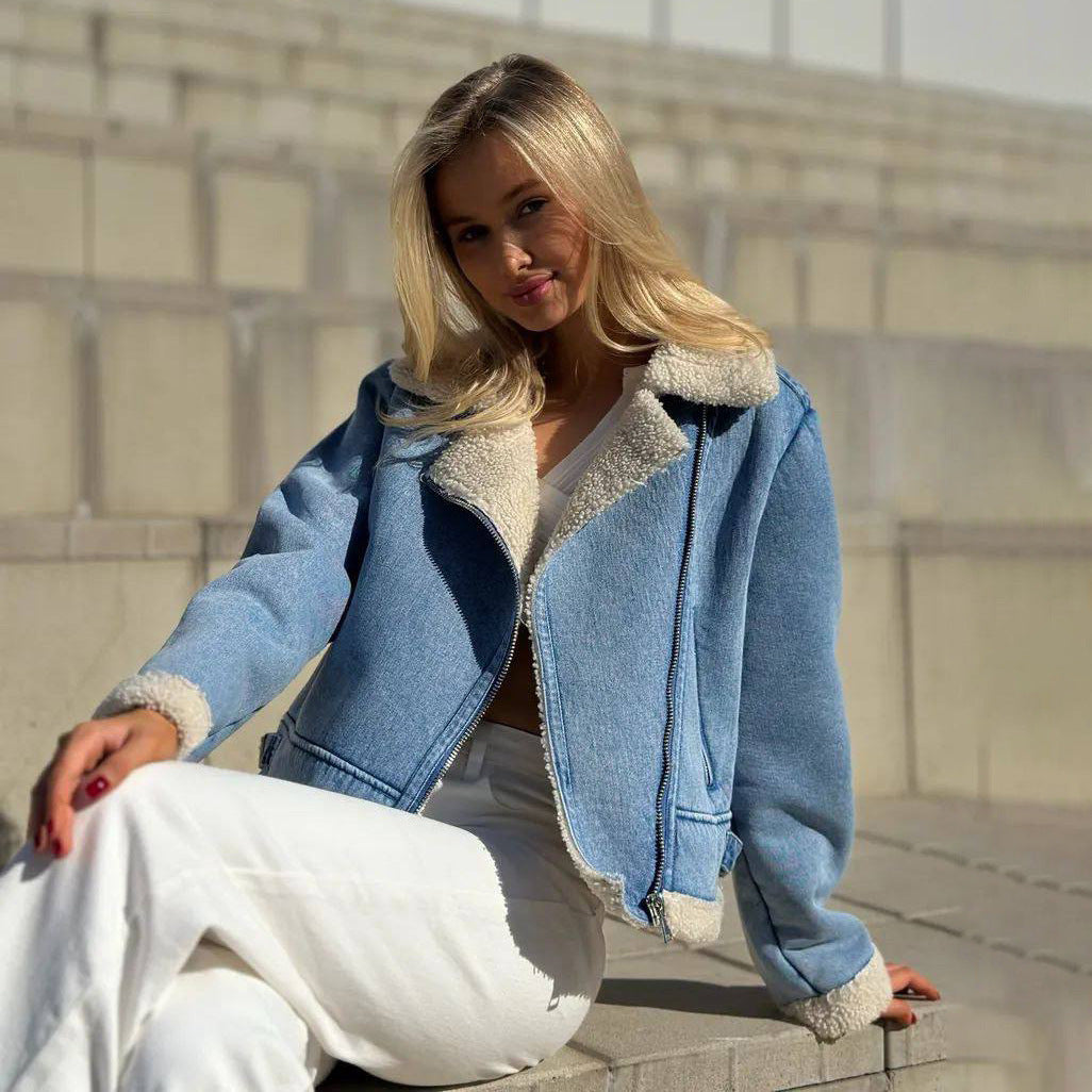 Fleece-lined Denim Coat Short Jacket With Fur