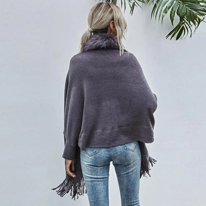 Shawl Mid-Length French Style Knit Poncho with Faux Fur Collar & Tassel Hem