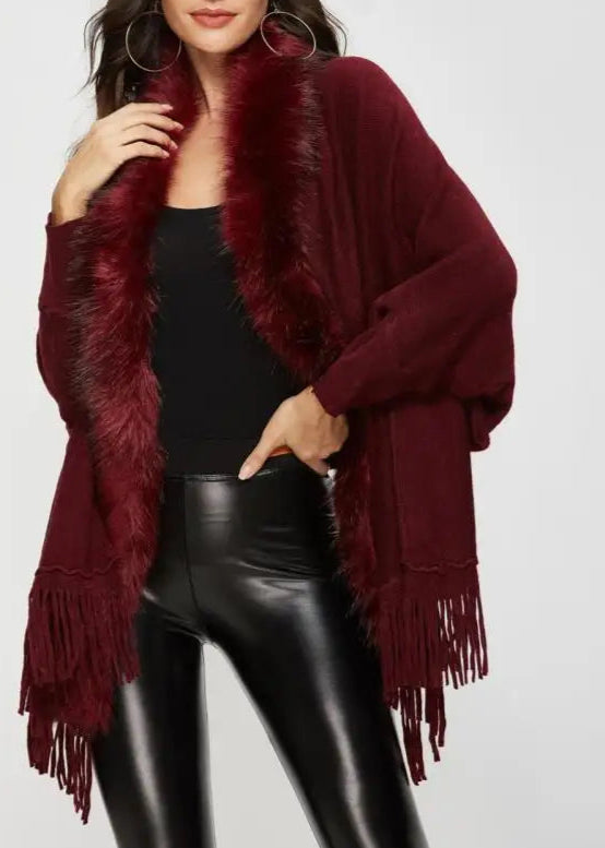 Shawl Mid-Length French Style Knit Poncho with Faux Fur Collar & Tassel Hem