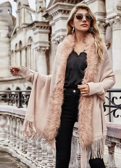 Shawl Mid-Length French Style Knit Poncho with Faux Fur Collar & Tassel Hem
