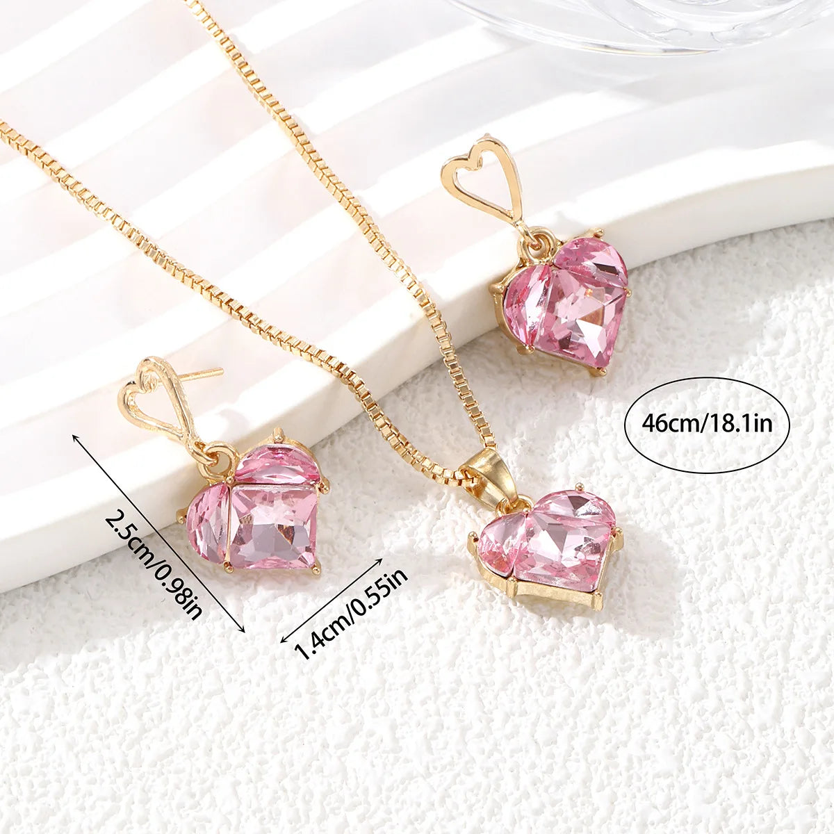 Heart-Shaped Pink Zircon Pendant Necklace & Earrings Set