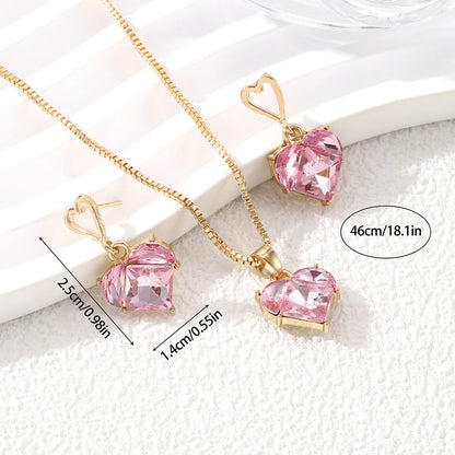 Heart-Shaped Pink Zircon Pendant Necklace & Earrings Set