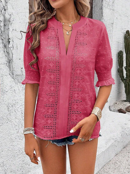 V-Neck Puff Sleeve Bluse Shirred Bust Half Sleeve