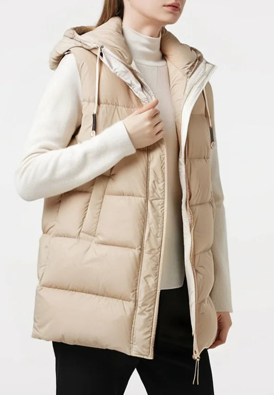 Duck Down Hooded Puffer Vest Sleeveless Zip & Button Jacket