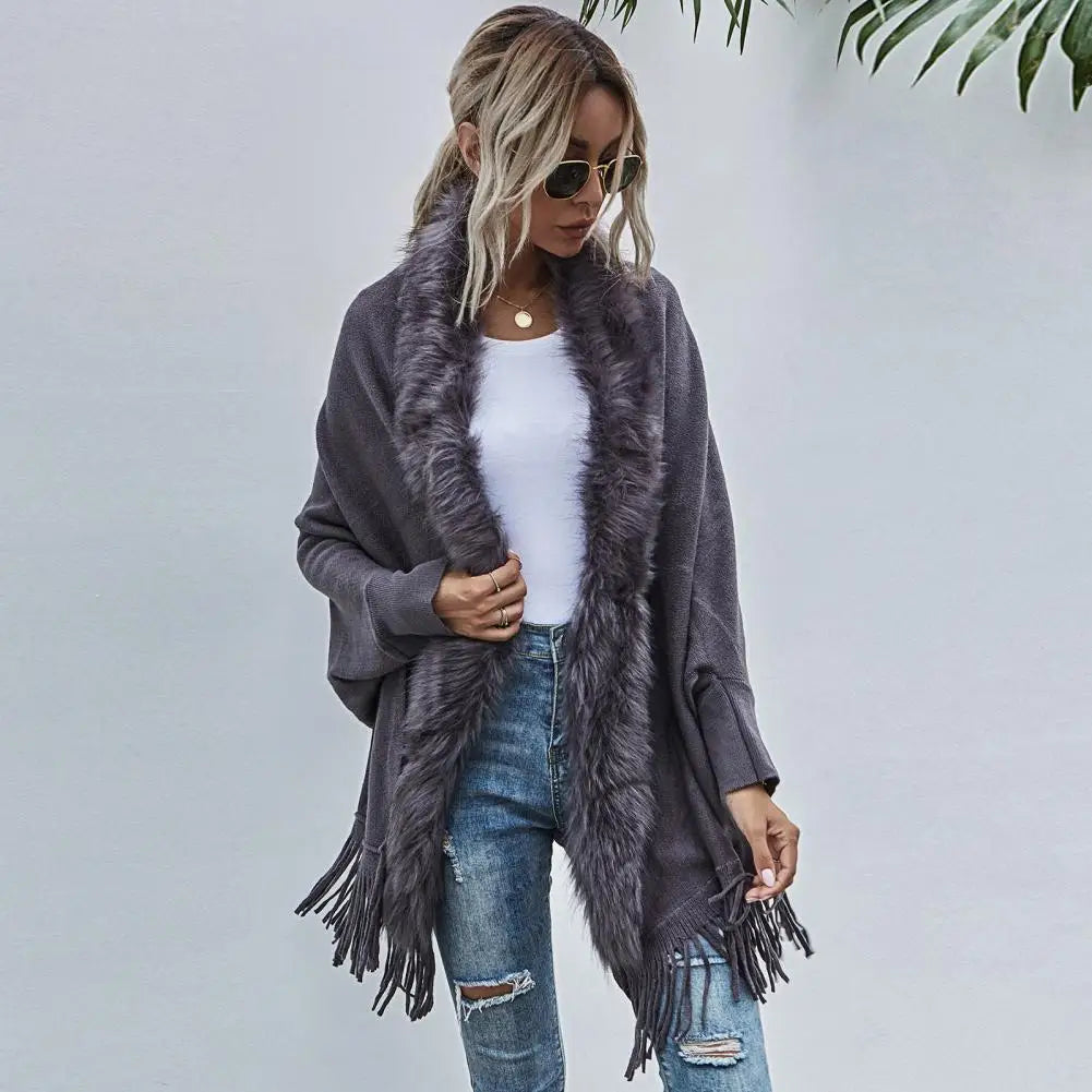Shawl Mid-Length French Style Knit Poncho with Faux Fur Collar & Tassel Hem