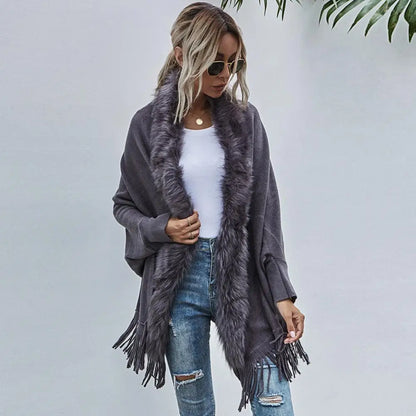 Shawl Mid-Length French Style Knit Poncho with Faux Fur Collar & Tassel Hem