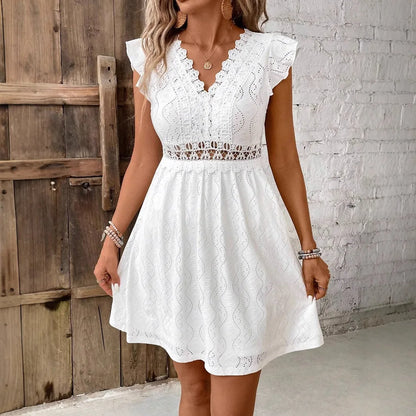 Elegant Lace Mini Dress  Sleeve Hollow Out A-line V-neck Short Dresses Casual