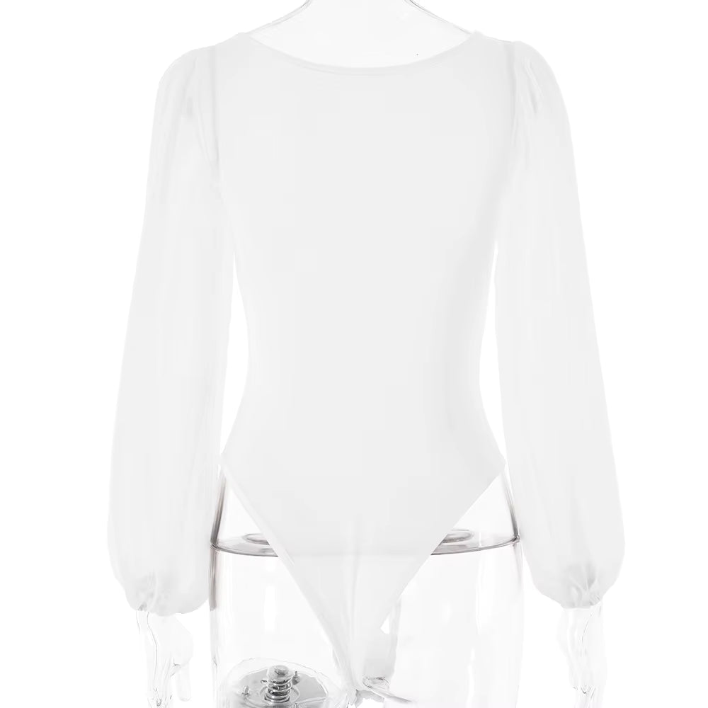 Bodysuit Mesh Long Sleeve Bodycon One-Piece Jumpsuit with Round Neck