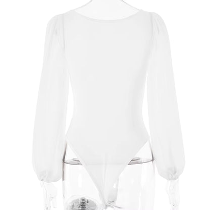 Bodysuit Mesh Long Sleeve Bodycon One-Piece Jumpsuit with Round Neck