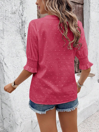 V-Neck Puff Sleeve Bluse Shirred Bust Half Sleeve