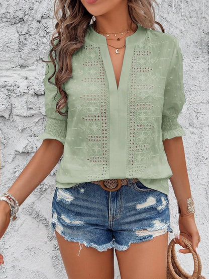 V-Neck Puff Sleeve Bluse Shirred Bust Half Sleeve