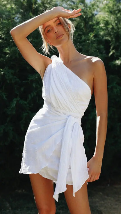 One-Shoulder White Mini Dress Frilled High Waist