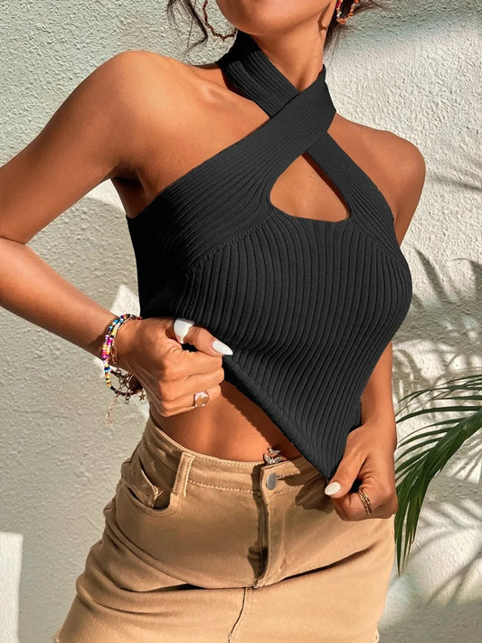 Heart Criss-Cross Ribbed Halter Crop Top Sleeveless Y2K