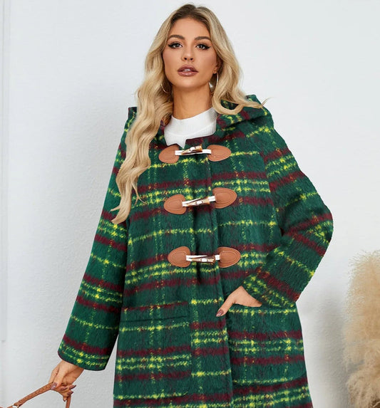 Winter Woolen Coat Plaid Long Coat with Hood