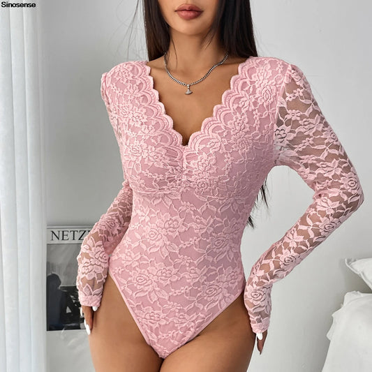 Floral Lace Scallop Trim Teddy Bodysuit Long Sleeve V Neck