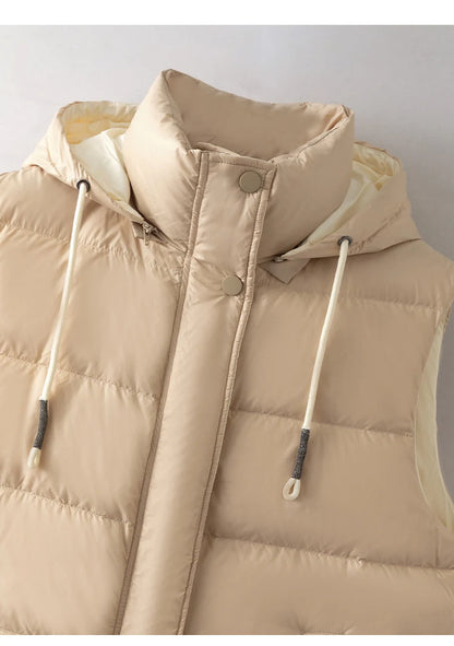Duck Down Hooded Puffer Vest Sleeveless Zip & Button Jacket