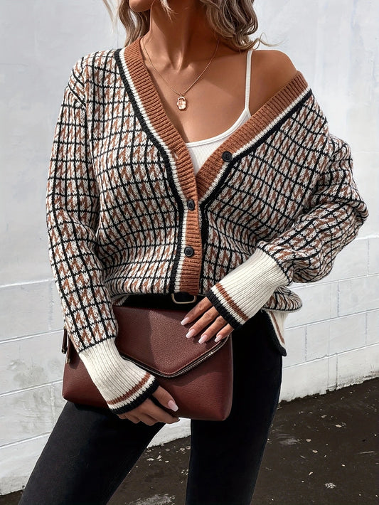 Plaid Knit Cardigan Vintage V-Neck Button