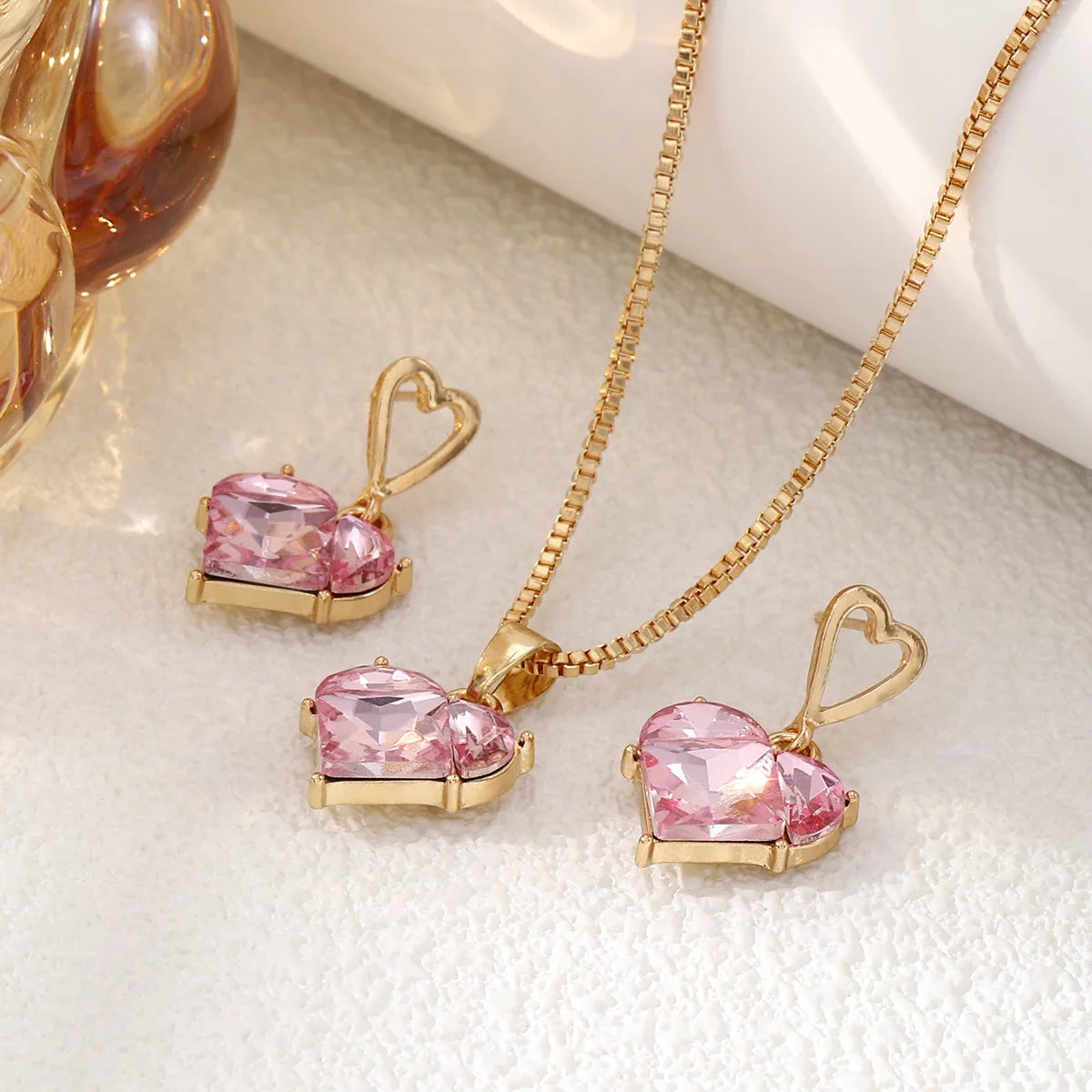 Heart-Shaped Pink Zircon Pendant Necklace & Earrings Set