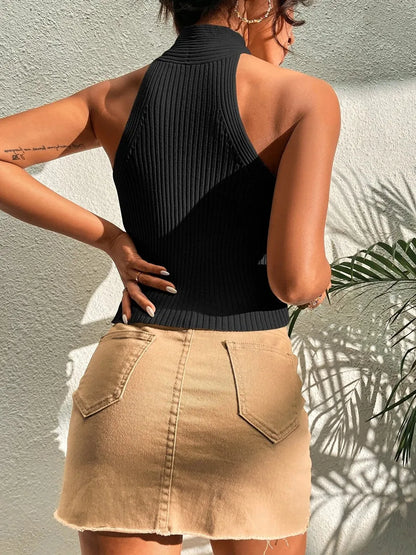 Heart Criss-Cross Ribbed Halter Crop Top Sleeveless Y2K