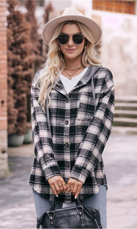 Flannel Plaid Hoodie Jacket Long Sleeve Button with Pocket & Drawstring